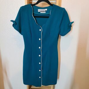 Vintage 80s Joni Blair Womens Teal Button Up Dress Shoulder Pads Size 3